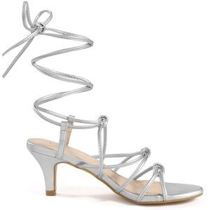 Kitten Heels Strappy Slingback Knot Lace Up Sandals Silver